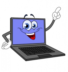 Chromebook with a smiling face, pointing arm up to the side